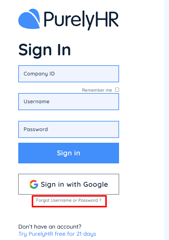 PurelyHR Login register reset